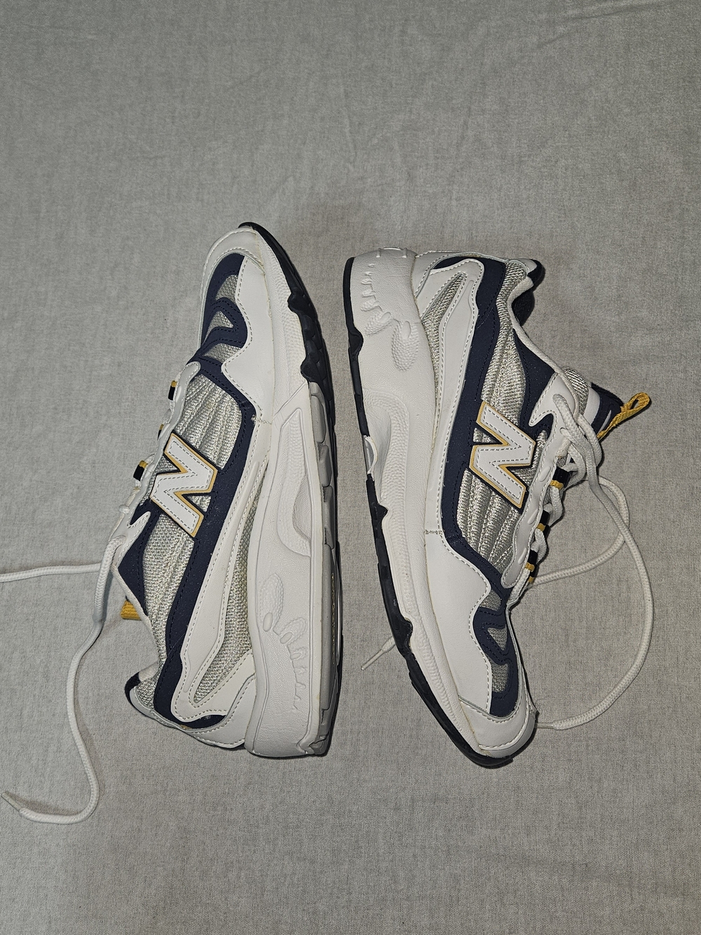 Kids White and Navy Athletic Sneakers with Yellow Accent